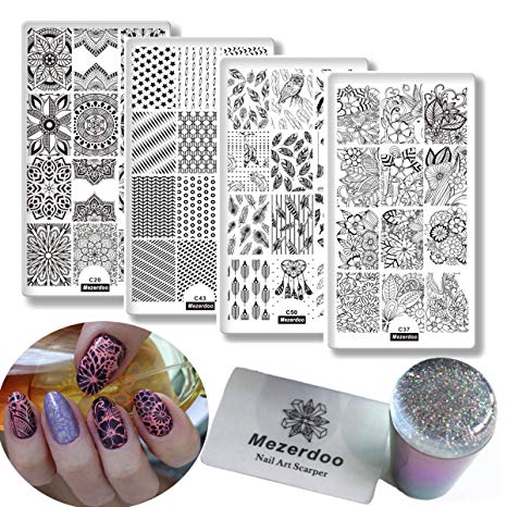 4pcs Geometry Flower Nail Stamping Template Feather Mandala Pattern Image Nail Stamping Plates Kit with Starry Style Nail Stamper Scraper Set