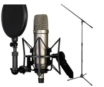 Rode NT1-A Cardioid Condenser Microphone Recording Package with a Tripod Base Microphone Floor Stand - Black