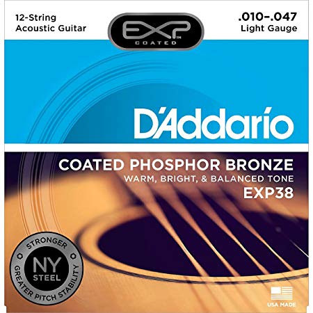 D’Addario EXP38 Coated Phosphor Bronze Acoustic Guitar Strings, Light, 10-47 – Offers a Warm, Bright and Well-Balanced Acoustic Tone and 4x Longer Life - With NY Steel for Strength and Pitch Stability