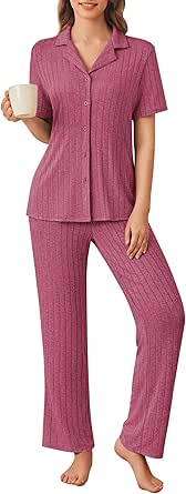 Ekouaer Womens Rib Knit Pajamas Button Up Lounge Sets Short Sleeve Top and Long Pants Matching Pjs Sleepwear Loungewear