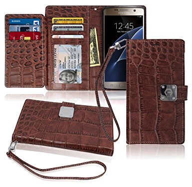 Galaxy S7 Case, Arium [CDiary] Premium Wallet [Brown] [TPU Bumper] PU Crocodile Leather Cover with Wriststrap [Drop Protection] for Samsung Galaxy S7