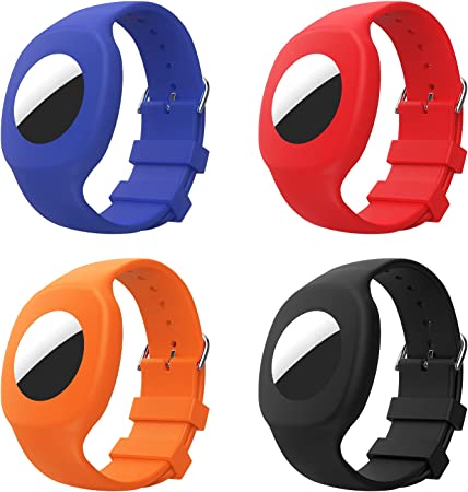 MoKo 4 Pack Wristband Compatible with Apple AirTag 2021, Soft Silicone Adjustable Watch Strap Bracelet with Transparent Protective Case for Kids Children, Black/Dark Blue/Red/Orange