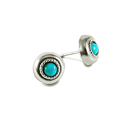 Studs Earrings For Women Native American Silver Round 12mm Artisan Stud Earrings & 5mm Cabochon Cut Genuine Natural Blue Turquoise Girls Jewelry Box Included Natural Ethnic Jewelry Everyday Earrings