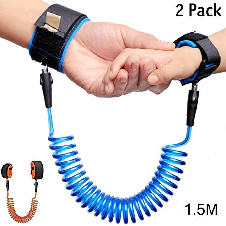 2 Pack Child Anti Lost Wrist Link, 4.9ft(1.5M) Toddler Harness Walking Leash, Safety Wrist Leash for Toddlers & Kids ( Blue and Orange)