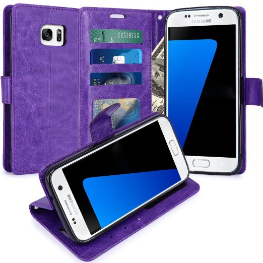 S7 Case LK Galaxy S7 Wallet Case Luxury PU Leather Case Flip Cover with Card Slots and Stand For Samsung Galaxy S7 PURPLE