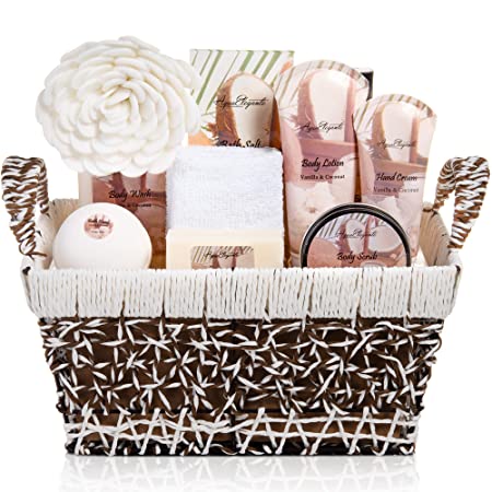 Spa Baskets For Women - Luxury Bath Set With Coconut & Vanilla - Spa Kit Includes Wash, Bubble Bath, Lotion, Bath Salts, Body Scrub, Body Spray, Shower Puff, Bathbombs, Soap and Towel, Medium