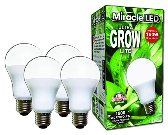 Miracle LED Commercial Hydroponic Ultra Grow Lite - Replaces up to 150W - Daylight White Full Spectrum LED Indoor Plant Growing Light Bulb For DIY Horticulture & Indoor Gardening (604281) 4 Pack