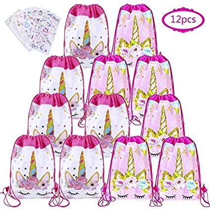 12 Pack Unicorn Drawstring Party Bags with Unicorn Stickers, Unicorn Party Favor Bags Supplies for Birthday Party