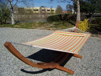 Wooden Arc Hammock Stand   Quilted Spring Color Double Hammock Bed W/Pillow, Double Padded. Teak Finish.