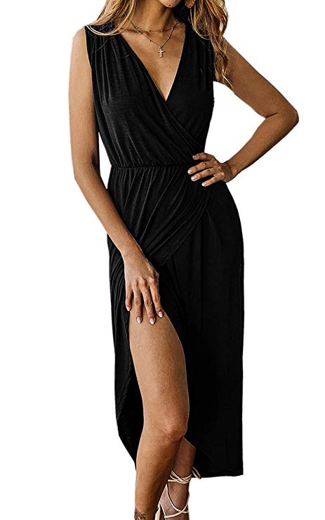 Angashion Women's Sexy Sleeveless Deep V Neck Cross Wrap Dress Split Front Long Maxi Dress