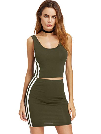 Romwe Women's 2 Piece Crop Tank Top with Skirt Set Sleeveless Bodycon Mini Dress