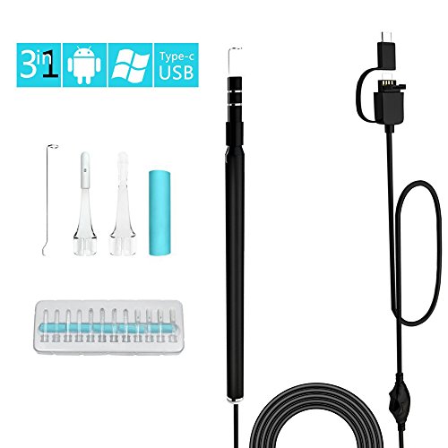 Visual Earwax Removal Endoscope, Skybasic 3 in 1 USB Ear Cleaning Tool Inspection Camera Otoscope Earpick Borescope Curette Cleaner for Android,PC