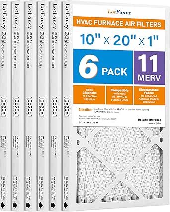 LotFancy 10x20x1 Air Filters, MERV 11 AC Furnace Filters, 6 Pack Pleated Air Conditioner HVAC Filters (Actual Size: 9.75 x 19.75 x 0.75 Inches)