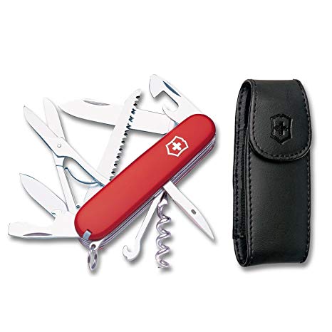 Victorinox Swiss Army Huntsman Pocket Knife with Leather Pouch, Red,Red with Pouch,91mm