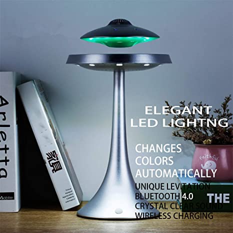 Anti-Gravity Levitation Saucer Magnetic Floating HQ Bluetooth Speaker Wireless Charging Seven Color Changeable Modern Night Light for Home Office Desk Decor, Gift Ideal (Silver)
