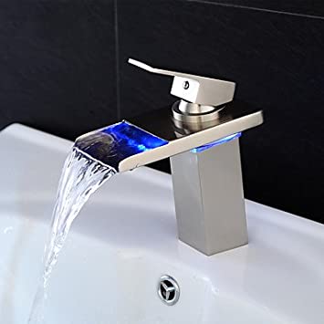 Zingcord Bathroom Sink Faucet Waterfall LED Nickel Brushed Centerset Single Handle One Hole