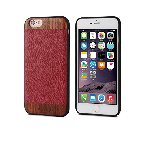 iPhone 6S / iPhone 6 Case. iATO Genuine LEATHER & Real WOODEN Premium Protective Cover. Unique, Stylish & Classy Red LIZARD Pattern & ROSE WOOD Bumper Accessory for Apple iPhone 6/6S
