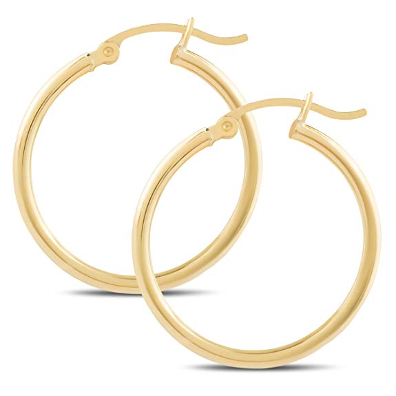 14k Yellow Gold Classic Shiny Polished Round Hoop Earrings for Women, 2mm tube