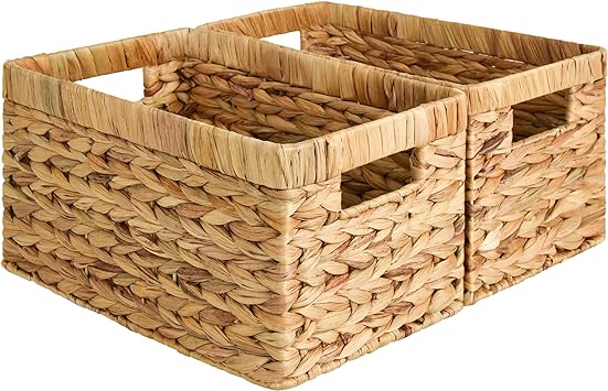 StorageWorks Water Hyacinth Storage Baskets, Rectangular Wicker Baskets with Built-in Handles, Medium, 2 Pack