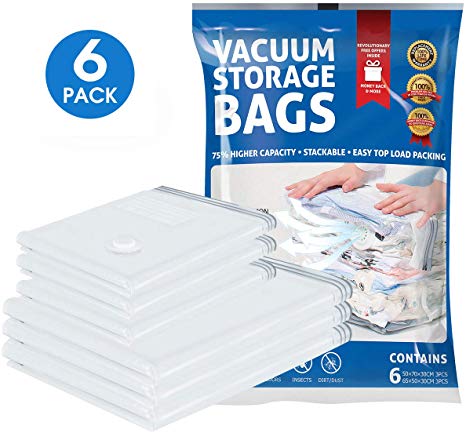 TOPELEK Vacuum Storage Bags 6 Packs, Vacuum Bag Travel Medium, One-way Air Valve with No Pump Needed, Cube Bags for Clothes, Bedding, Pillows, Work with Any Vacuum Cleaner [2019 Upgrated Version]