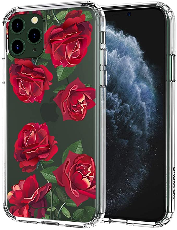 MOSNOVO iPhone 11 Pro Max Case, Red Roses Floral Flower Pattern Clear Design Transparent Plastic Hard Back Case with TPU Bumper Protective Case Cover for Apple iPhone 11 Pro Max (2019)