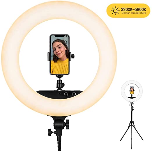 Esddi 48 cm 100 W Dimmable LED Ring Light, Adjustable Colour Temperature 3200 K - 5800 K, Mobile Phone Holder, Hot Shoe Adapter for Vlogs, YouTube Video, Selfies, for Make-Up