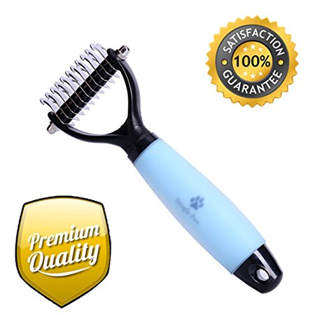 2 in 1 Pet Deshedding Brush and Grooming Comb for Dogs & Cats by Snagle Paw - Gently Reduces Shedding by 95% with 4 inch Curved Blade and EXTRA COMFORTABLE SILICONE GEL HANDLE