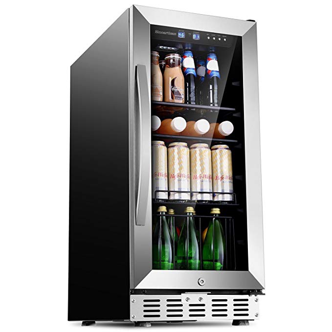 Sinoartizan Beverage Refrigerator Cooler Mini Fridge with Glass Door 15 inch Built In or Freestanding Compressor Cooler 76 Cans for Soda Beer Small Drink With 3 Removable Shelves for Office or Bar