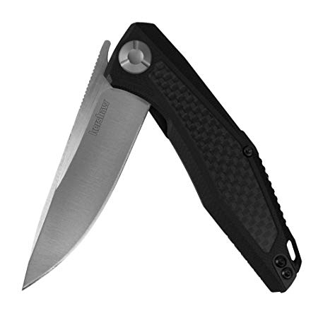 Kershaw Atmos Folding Pocketknife (4037); 3-in. 8Cr13MoV Stainless Steel Drop Point Blade; Black G10 Handle with Carbon Fiber; Inset Liner Lock; KVT Manual Open; Reversible Deep-Carry Pocketclip; 1 oz