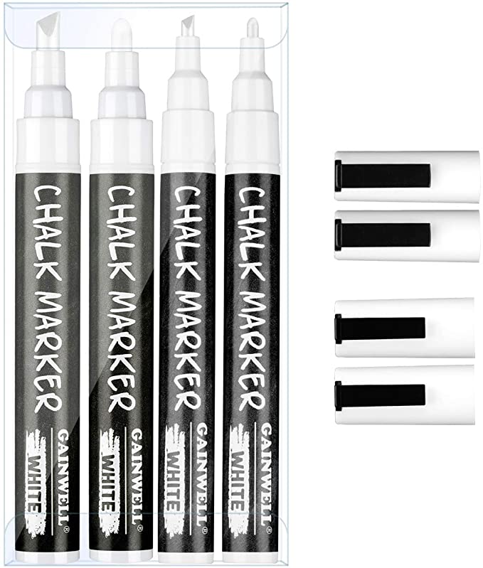 GAINWELL White Liquid Chalk Markers 3mm and 6mm Nibs - Use on Chalkboard, Whiteboard, Glass - 4 Pack - Water Based Wet Wipe Erasable Pen