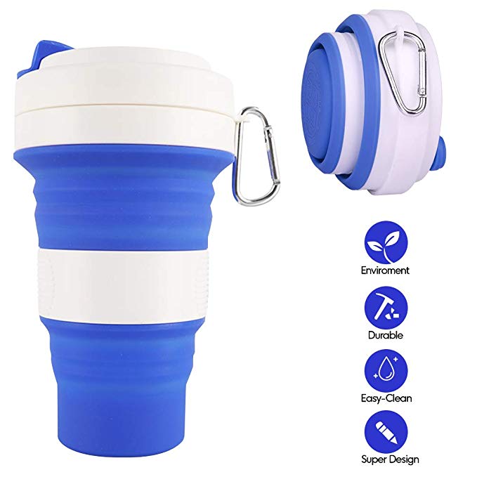 Collapsible Silicone Cup - Idealife Drinking Cup Foldable Cup with 3 Adjustable Capacities, BPA Free, Portable Folding Cup for Travel Camping Hiking Office, Max Up to 550ml (Blue)