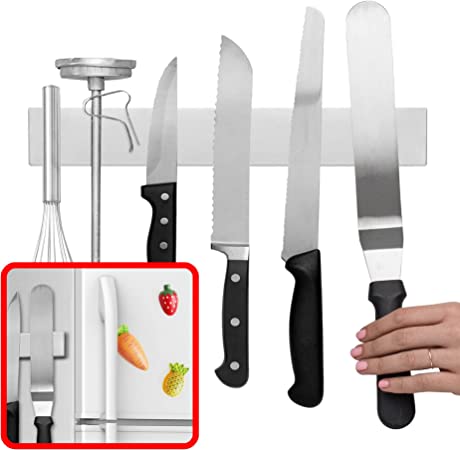Modern Innovations 12 Inch Magnetic Knife Holder for Refrigerator, Magnetic Knife Holders for Fridge or Kitchen Wall No Drilling, Magnet Strips for Knives & Metal Utensils, Tool Rack, Stainless Steel