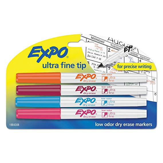 EXPO Low-Odor Dry-Erase Marker, Ultra Fine Point, Assorted, 4 per Set