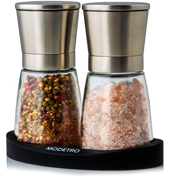 Salt and Pepper Mills with Silicon Stand (2 pcs) - Premium Set of Salt and Peppercorn Grinders with Adjustable Ceramic Coarseness - Brushed Stainless Steel and Glass Body Shakers