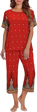 Ekouaer Women's Capri Pajama Sets Short Sleeve Shirt and Capri Pants with Pockets Sleepwear Pjs Sets