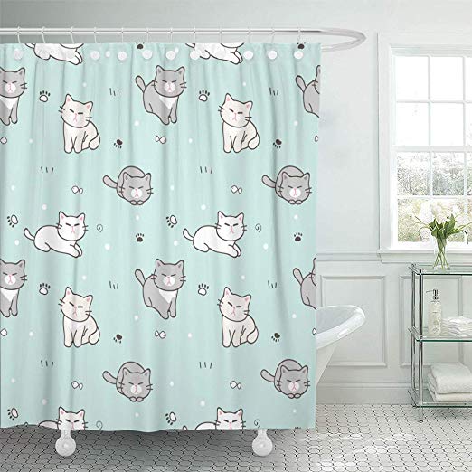 Emvency Shower Curtain Set with Hooks Polyester Fabric Pattern of Cute Cartoon Cat on Pastel Green Animal Baby Resistant Waterproof Adjustable 72 x 72 Inches for Bathroom