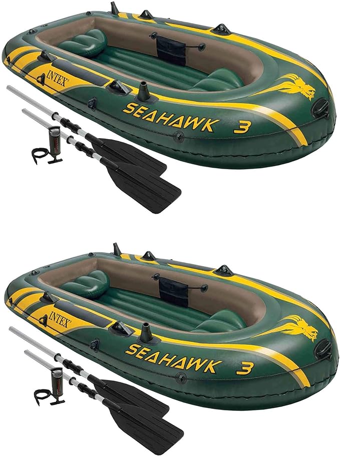 Intex Seahawk 3 Person Inflatable Boat Set with Aluminum Oars & Pump (2 Pack)