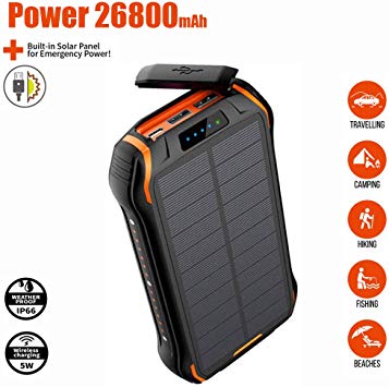 2020 Newest 18W 26800mAh Solar Power Bank with Dual Input and 3 Output Ports (Type C 3.1A   Micro USB 3.1A) IP66 Waterproof Large Capacity Portable Charger Qi Wireless Charger Solar Charger, Quick Charging and Recharging External Battery Packs for Nintendo Switch, Samsung Galaxy, iPhone 8/8P/X, iPad, Tablets and More