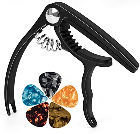 Guitar Capo Guitar Accessories Trigger Capo with 6 Free Guitar Picks for Acoustic and Electric Guitars - Also Quick Change Ukulele & Banjo Capos (Black)