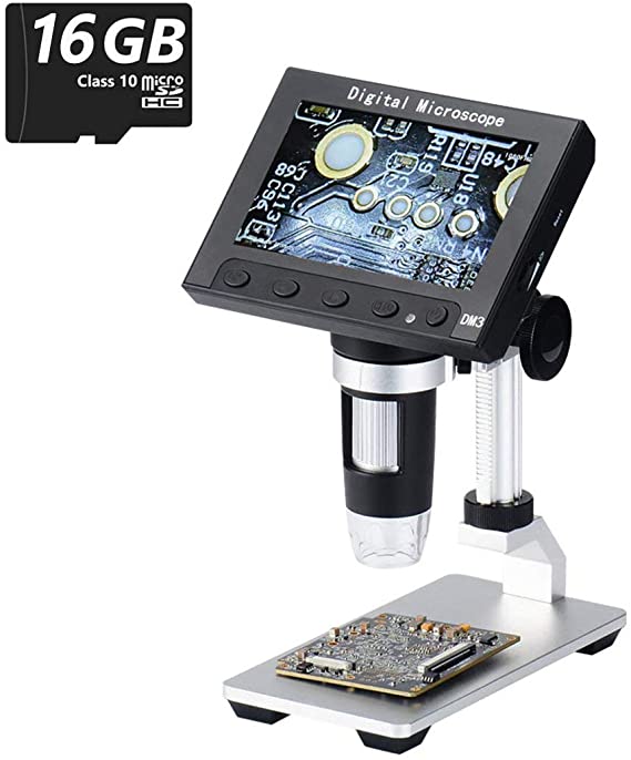 Jiusion 4.3inch Screen Full Color LCD Digital USB Microscope with 16G Micro SD Card, 10X - 500X Magnification Zoom Camera 1920X1080P Video Recording/Saving, PCB Coins Magnify for Windows, Mac