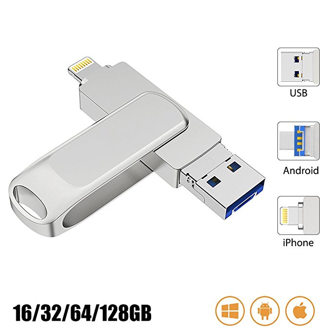 External Flash Drive Compatible iPhone - Lightning USB 3.0 Micro-USB Multi Ports Smartphone Memory Stick (128GB)