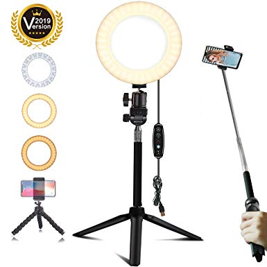 6" Selfie Ring Light with Tripod Stand Mini LED Camera Light with Cell Phone Holder Desktop LED Lamp with 5 Light Modes for Live Stream/Makeup/Video/Photography (white-6inch, 6 inch)