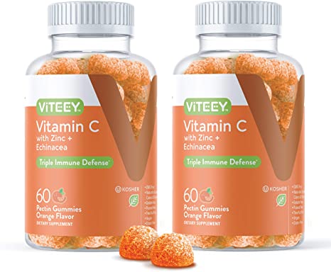 [60 Count 2 Pack] Vitamin C Gummies Plus Zinc & Echinacea [3 in 1 Immune Support Booster] Herbal Dietary Supplements, Vegan, Plant Based Pectin - Good for Adults Teens & Kids - Orange Flavor Gummy