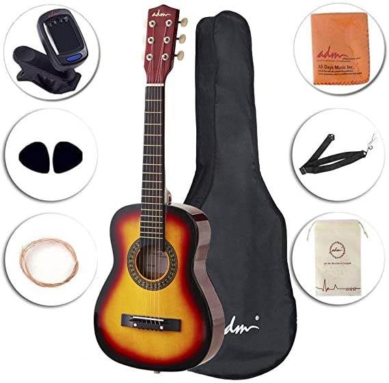 ADM Beginner Acoustic Guitar 30 Inch Steel Strings Wooden Guitar Bundle Kit with Carrying Bag & Accessories, Sunburst