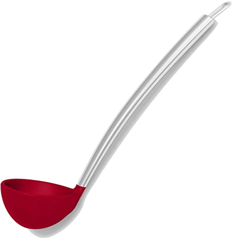 Silicone & Stainless Steel Red 4 Ounce Soup Ladle w/CoolGrip Handle & Flexedge Silicone by Cooler Kitchen (4 Oz)