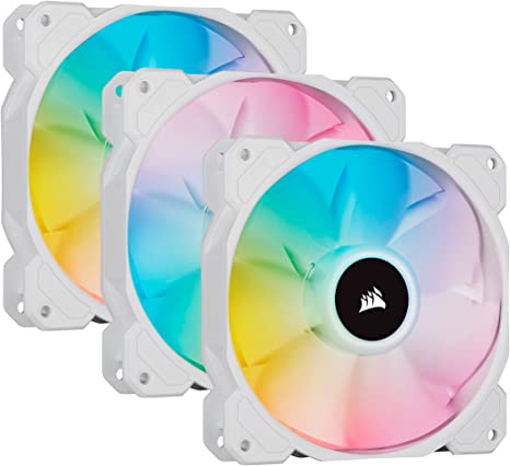 Corsair iCUE SP120 RGB ELITE Performance 120 mm PWM Triple Fan Kit with iCUE Lighting Node CORE (CORSAIR AirGuide Technology, Eight Addressable RGB LEDs, Low-Noise 18 dBA, Up to 1,500 RPM) White