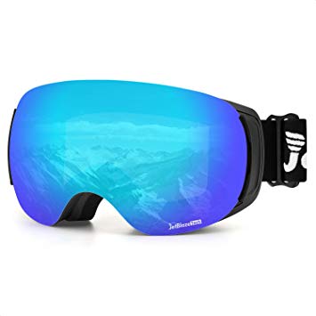 JetBlaze Ski Goggles, Magnet Interchangeable Spherical Lens Snow Goggles, UV400 Protection Snowboard Goggles, Anti-Fog Snowmobile Goggles with Anti-Slip Strap for Men Women Youth Adult