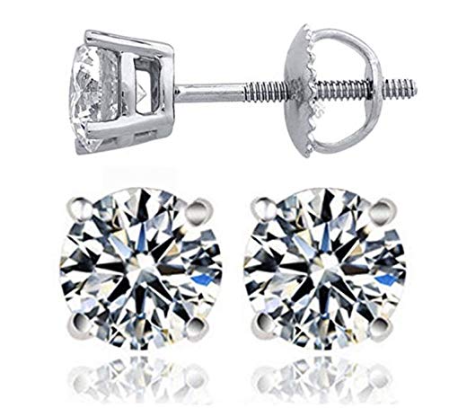 Venetia Top Grade Hearts & Arrows Cut NSCD Simulated Diamond Solitaire Earrings Screw Back Platinum Plated Solid 925 Silver 4 Prongs Round Realistic Earstuds 0.5 1 2 3 4 carats different sizes