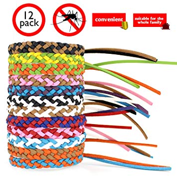 Pack of 12 Mosquito Repellent Leather Braided Bracelets. Citronella Wristbands Protect from Insect, Bug, Pest. All Natural Material, Deet-Free. Sport Bands Design Outdoor Activities, Camp, Hike, BBQ.