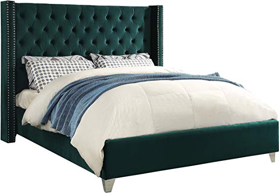Meridian Furniture AidenGreen-Q Aiden Collection Modern | Contemporary Pink Velvet Upholstered Bed with Deep Button Tufting, Solid Wood Frame, and Custom Chrome Legs, Queen, Green